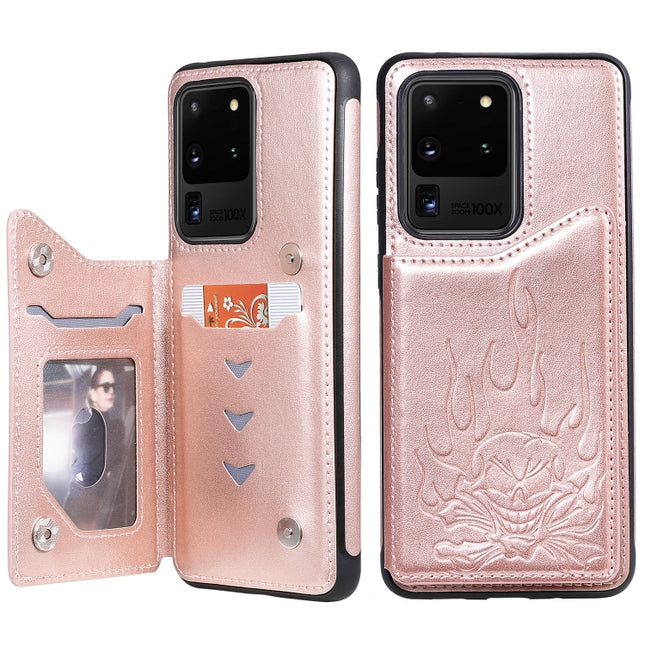 For Galaxy S20 Ultra Skull Embossing Pattern Shockproof Protective Case with Card Slots & Photo Frame(Rose Gold)-garmade.com