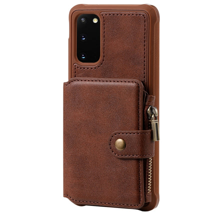 For Galaxy S20 Zipper Shockproof Protective Case with Card Slots & Bracket & Photo Holder & Wallet Function(Coffee)-garmade.com