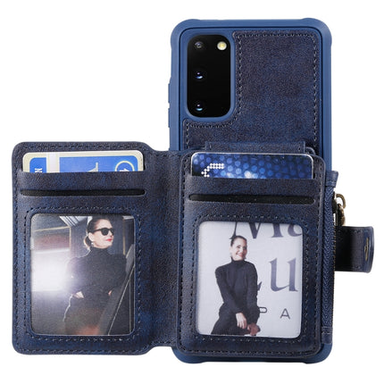 For Galaxy S20 Zipper Shockproof Protective Case with Card Slots & Bracket & Photo Holder & Wallet Function(Blue)-garmade.com