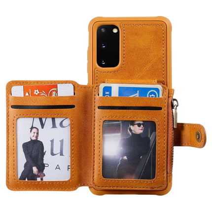 For Galaxy S20 Zipper Shockproof Protective Case with Card Slots & Bracket & Photo Holder & Wallet Function(Brown)-garmade.com