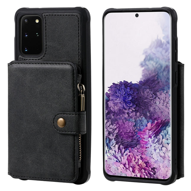 For Galaxy S20+ Zipper Shockproof Protective Case with Card Slots & Bracket & Photo Holder & Wallet Function(Black)-garmade.com