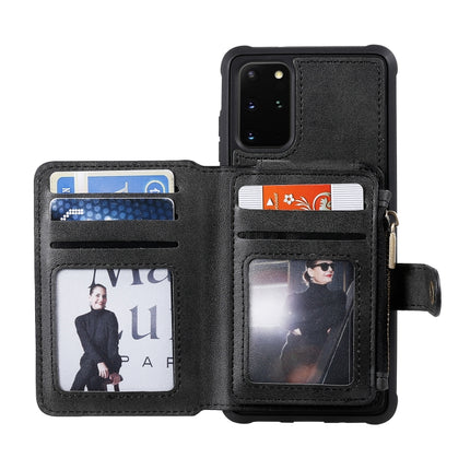 For Galaxy S20+ Zipper Shockproof Protective Case with Card Slots & Bracket & Photo Holder & Wallet Function(Black)-garmade.com