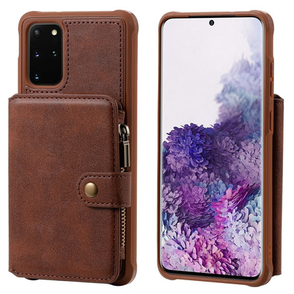 For Galaxy S20+ Zipper Shockproof Protective Case with Card Slots & Bracket & Photo Holder & Wallet Function(Coffee)-garmade.com