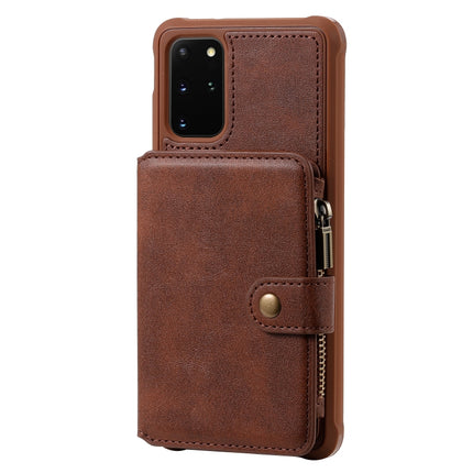 For Galaxy S20+ Zipper Shockproof Protective Case with Card Slots & Bracket & Photo Holder & Wallet Function(Coffee)-garmade.com