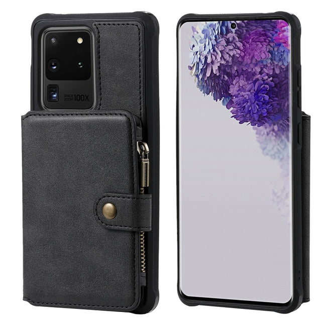 For Galaxy S20 Ultra Zipper Shockproof Protective Case with Card Slots & Bracket & Photo Holder & Wallet Function(Black)-garmade.com