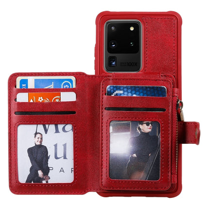 For Galaxy S20 Ultra Zipper Shockproof Protective Case with Card Slots & Bracket & Photo Holder & Wallet Function(Red)-garmade.com