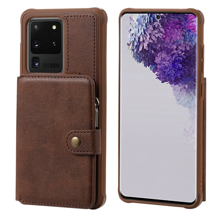 For Galaxy S20 Ultra Zipper Shockproof Protective Case with Card Slots & Bracket & Photo Holder & Wallet Function(Coffee)-garmade.com