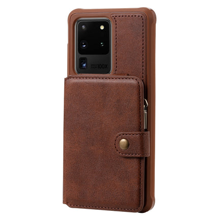 For Galaxy S20 Ultra Zipper Shockproof Protective Case with Card Slots & Bracket & Photo Holder & Wallet Function(Coffee)-garmade.com