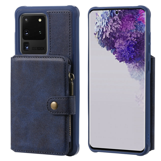 For Galaxy S20 Ultra Zipper Shockproof Protective Case with Card Slots & Bracket & Photo Holder & Wallet Function(Blue)-garmade.com