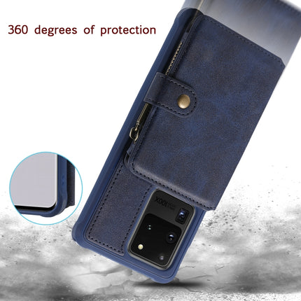 For Galaxy S20 Ultra Zipper Shockproof Protective Case with Card Slots & Bracket & Photo Holder & Wallet Function(Blue)-garmade.com