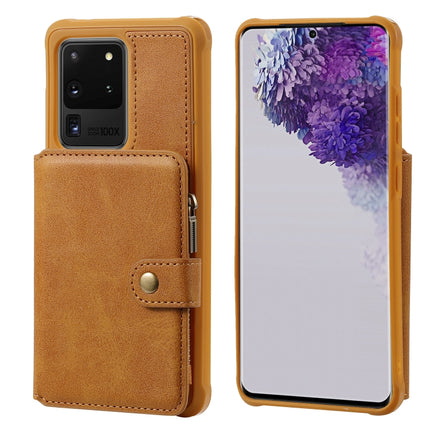 For Galaxy S20 Ultra Zipper Shockproof Protective Case with Card Slots & Bracket & Photo Holder & Wallet Function(Brown)-garmade.com