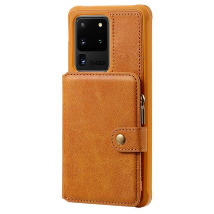 For Galaxy S20 Ultra Zipper Shockproof Protective Case with Card Slots & Bracket & Photo Holder & Wallet Function(Brown)-garmade.com