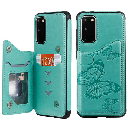 For Galaxy S20 Butterfly Embossing Pattern Shockproof Protective Case with Holder & Card Slots & Photo Frame(Green)-garmade.com