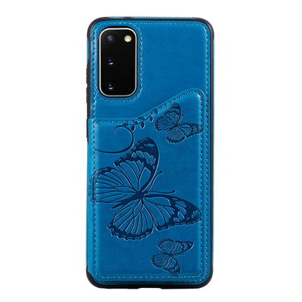 For Galaxy S20 Butterfly Embossing Pattern Shockproof Protective Case with Holder & Card Slots & Photo Frame(Blue)-garmade.com