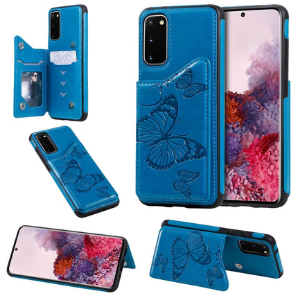 For Galaxy S20 Butterfly Embossing Pattern Shockproof Protective Case with Holder & Card Slots & Photo Frame(Blue)-garmade.com
