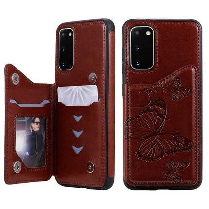 For Galaxy S20 Butterfly Embossing Pattern Shockproof Protective Case with Holder & Card Slots & Photo Frame(Brown)-garmade.com