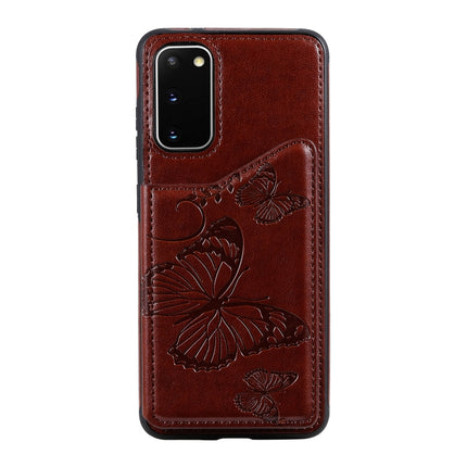 For Galaxy S20 Butterfly Embossing Pattern Shockproof Protective Case with Holder & Card Slots & Photo Frame(Brown)-garmade.com