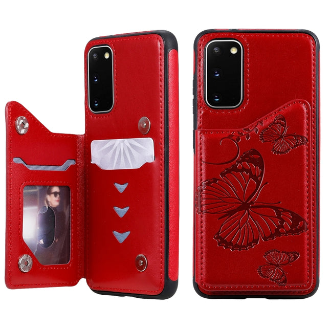 For Galaxy S20 Butterfly Embossing Pattern Shockproof Protective Case with Holder & Card Slots & Photo Frame(Red)-garmade.com