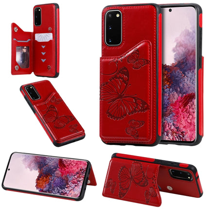 For Galaxy S20 Butterfly Embossing Pattern Shockproof Protective Case with Holder & Card Slots & Photo Frame(Red)-garmade.com