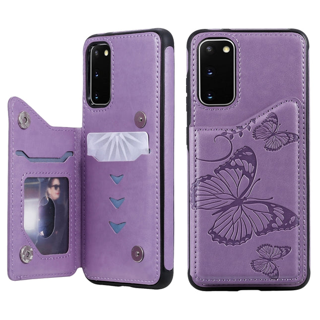 For Galaxy S20 Butterfly Embossing Pattern Shockproof Protective Case with Holder & Card Slots & Photo Frame(Purple)-garmade.com