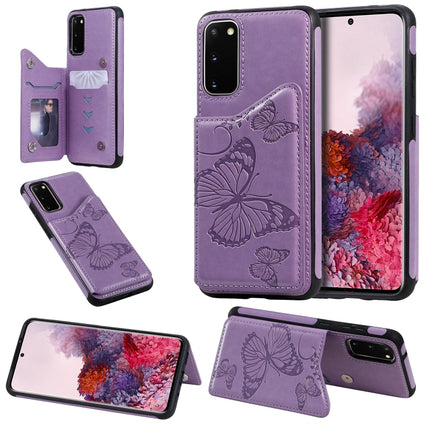 For Galaxy S20 Butterfly Embossing Pattern Shockproof Protective Case with Holder & Card Slots & Photo Frame(Purple)-garmade.com