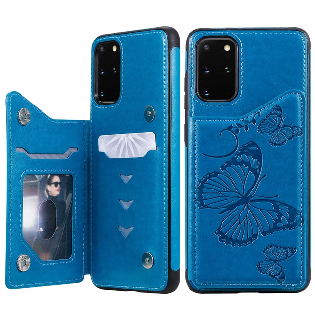 For Galaxy S20 Plus Butterfly Embossing Pattern Shockproof Protective Case with Holder & Card Slots & Photo Frame(Blue)-garmade.com