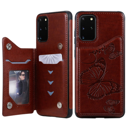 For Galaxy S20 Plus Butterfly Embossing Pattern Shockproof Protective Case with Holder & Card Slots & Photo Frame(Brown)-garmade.com