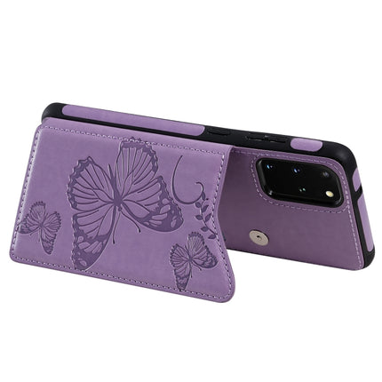 For Galaxy S20 Plus Butterfly Embossing Pattern Shockproof Protective Case with Holder & Card Slots & Photo Frame(Purple)-garmade.com