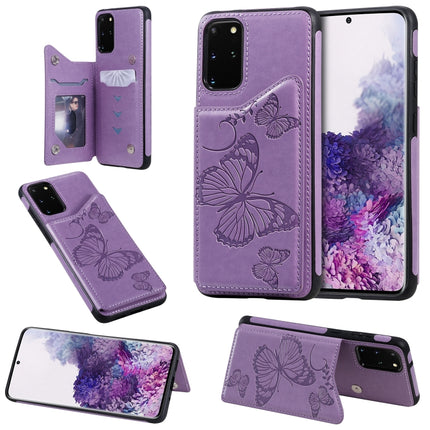 For Galaxy S20 Plus Butterfly Embossing Pattern Shockproof Protective Case with Holder & Card Slots & Photo Frame(Purple)-garmade.com