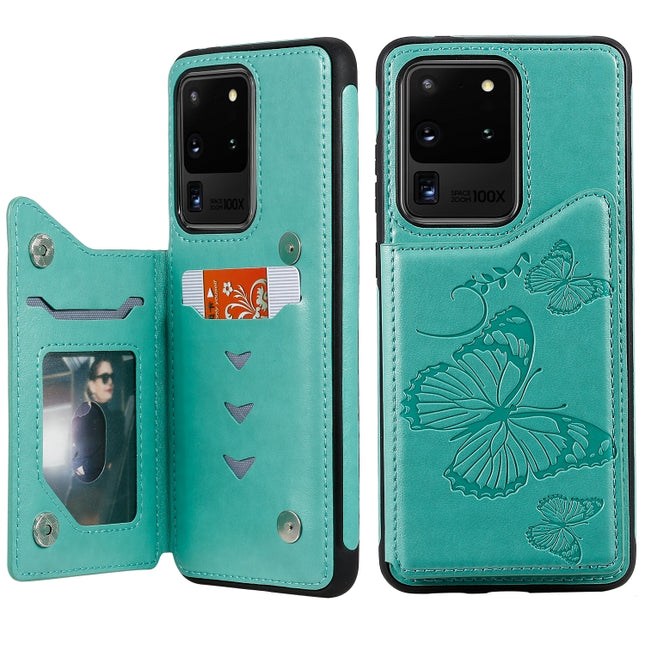 For Galaxy S20 Ultra Butterfly Embossing Pattern Shockproof Protective Case with Holder & Card Slots & Photo Frame(Green)-garmade.com