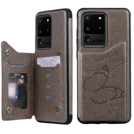 For Galaxy S20 Ultra Butterfly Embossing Pattern Shockproof Protective Case with Holder & Card Slots & Photo Frame(Grey)-garmade.com