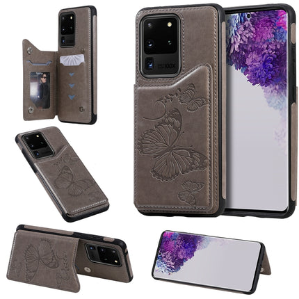 For Galaxy S20 Ultra Butterfly Embossing Pattern Shockproof Protective Case with Holder & Card Slots & Photo Frame(Grey)-garmade.com