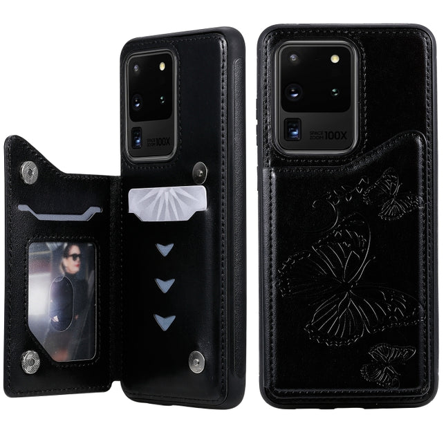 For Galaxy S20 Ultra Butterfly Embossing Pattern Shockproof Protective Case with Holder & Card Slots & Photo Frame(Black)-garmade.com