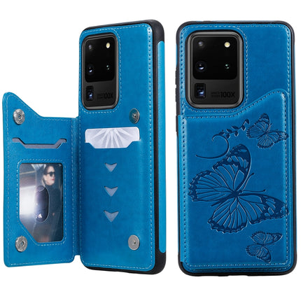 For Galaxy S20 Ultra Butterfly Embossing Pattern Shockproof Protective Case with Holder & Card Slots & Photo Frame(Blue)-garmade.com