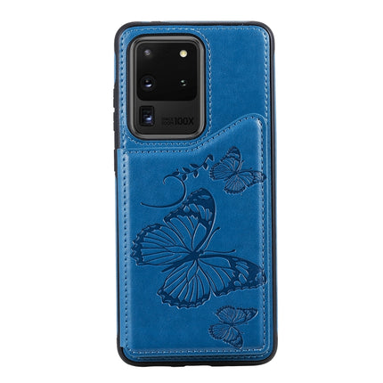 For Galaxy S20 Ultra Butterfly Embossing Pattern Shockproof Protective Case with Holder & Card Slots & Photo Frame(Blue)-garmade.com