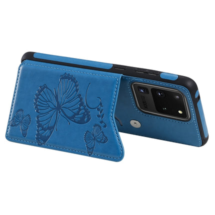 For Galaxy S20 Ultra Butterfly Embossing Pattern Shockproof Protective Case with Holder & Card Slots & Photo Frame(Blue)-garmade.com