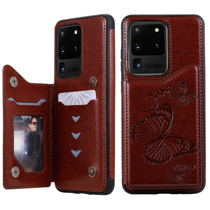 For Galaxy S20 Ultra Butterfly Embossing Pattern Shockproof Protective Case with Holder & Card Slots & Photo Frame(Brown)-garmade.com