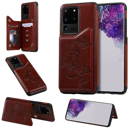 For Galaxy S20 Ultra Butterfly Embossing Pattern Shockproof Protective Case with Holder & Card Slots & Photo Frame(Brown)-garmade.com