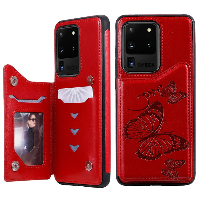 For Galaxy S20 Ultra Butterfly Embossing Pattern Shockproof Protective Case with Holder & Card Slots & Photo Frame(Red)-garmade.com
