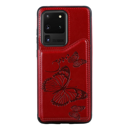For Galaxy S20 Ultra Butterfly Embossing Pattern Shockproof Protective Case with Holder & Card Slots & Photo Frame(Red)-garmade.com