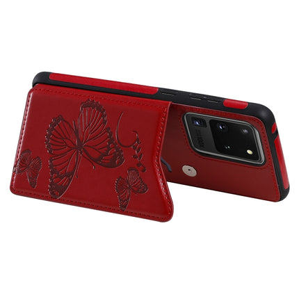 For Galaxy S20 Ultra Butterfly Embossing Pattern Shockproof Protective Case with Holder & Card Slots & Photo Frame(Red)-garmade.com
