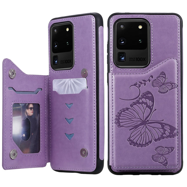 For Galaxy S20 Ultra Butterfly Embossing Pattern Shockproof Protective Case with Holder & Card Slots & Photo Frame(Purple)-garmade.com