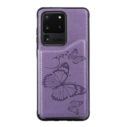 For Galaxy S20 Ultra Butterfly Embossing Pattern Shockproof Protective Case with Holder & Card Slots & Photo Frame(Purple)-garmade.com