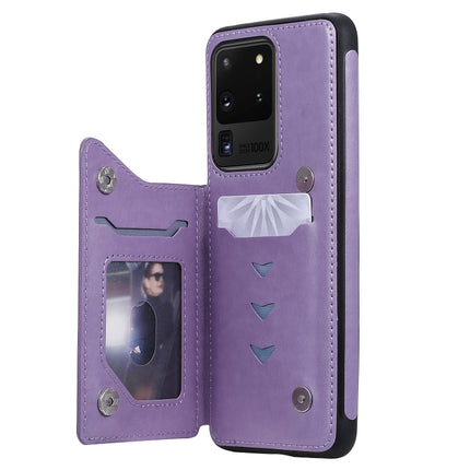 For Galaxy S20 Ultra Butterfly Embossing Pattern Shockproof Protective Case with Holder & Card Slots & Photo Frame(Purple)-garmade.com