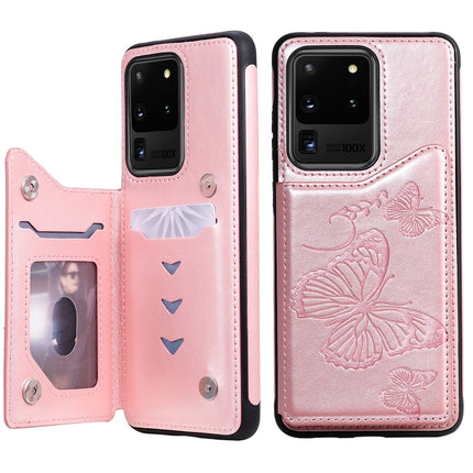 For Galaxy S20 Ultra Butterfly Embossing Pattern Shockproof Protective Case with Holder & Card Slots & Wallet(Rose Gold)-garmade.com