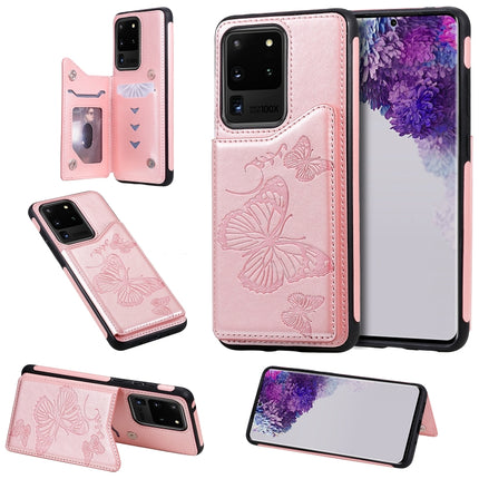 For Galaxy S20 Ultra Butterfly Embossing Pattern Shockproof Protective Case with Holder & Card Slots & Wallet(Rose Gold)-garmade.com