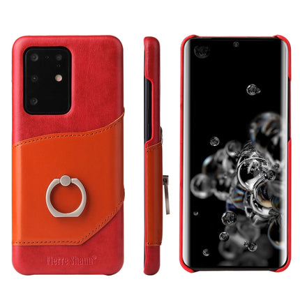For Galaxy S20 Ultra Fierre Shann Oil Wax Texture Genuine Leather Back Cover Case with 360 Degree Rotation Holder & Card Slot(Red)-garmade.com