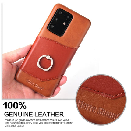 For Galaxy S20 Ultra Fierre Shann Oil Wax Texture Genuine Leather Back Cover Case with 360 Degree Rotation Holder & Card Slot(Brown)-garmade.com