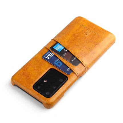 For Galaxy S20 Ultra Fierre Shann Retro Oil Wax Texture PU Leather Case with Card Slots(Yellow)-garmade.com