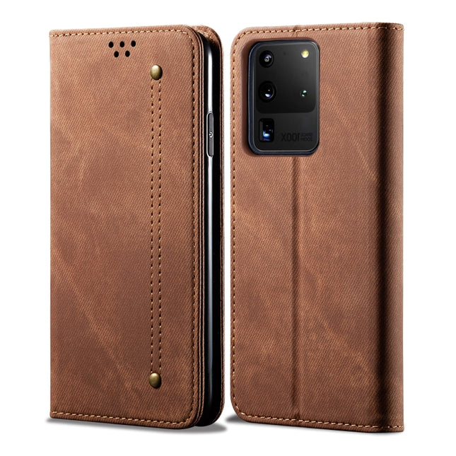 For Galaxy S20 Ultra Denim Texture Casual Style Horizontal Flip Leather Case with Holder & Card Slots & Wallet(Brown)-garmade.com